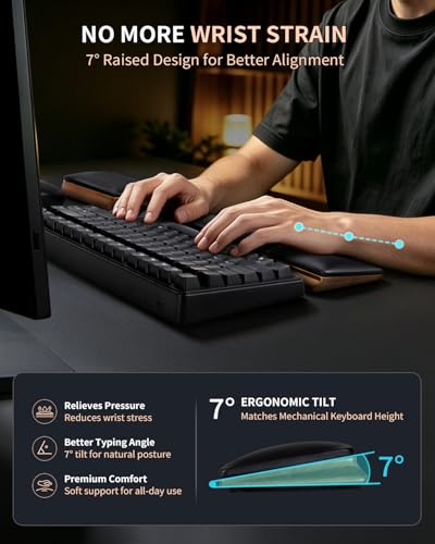 ASFSKY Keyboard and Mouse Wrist Rest Set for 60%-75% Compact Keyboards – Ergonomic Wooden Support Pad with PU Leather & Memory Foam, Anti-Slip Rubber Base for Gaming, Office & Typing Pain Relief - Image 3