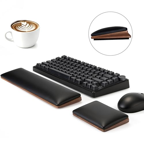 ASFSKY Keyboard and Mouse Wrist Rest Set for 60%-75% Compact Keyboards – Ergonomic Wooden Support Pad with PU Leather & Memory Foam, Anti-Slip Rubber Base for Gaming, Office & Typing Pain Relief - Image 1