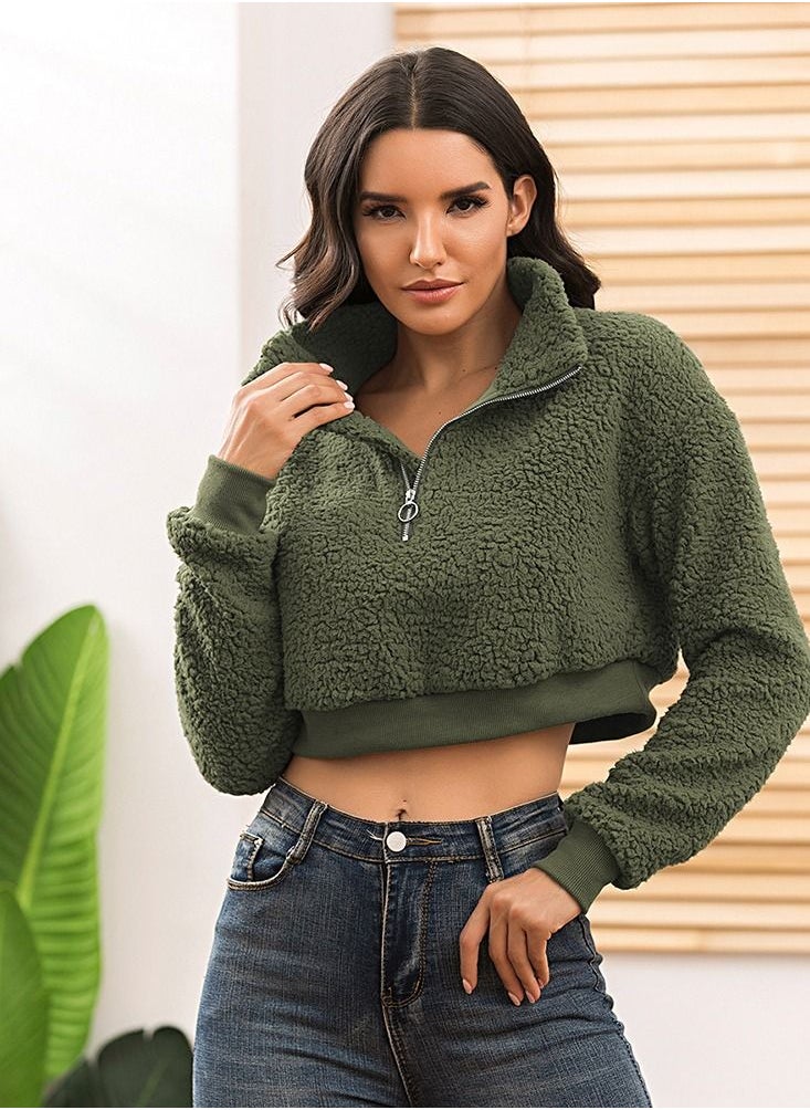Loquat - Solid Color Lamb Wool Zipper Pullover Green - Image 1