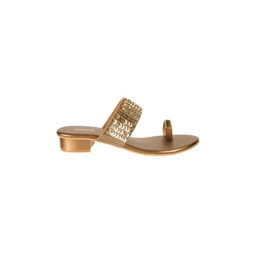 Mochi Women Antique Gold Block Heel Fashion/Ethnic Slip-on Sandal UK/4 EU/37 (35-1635) - Image 4