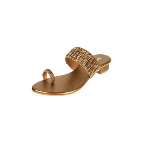 Mochi Women Antique Gold Block Heel Fashion/Ethnic Slip-on Sandal UK/4 EU/37 (35-1635) - Image 1