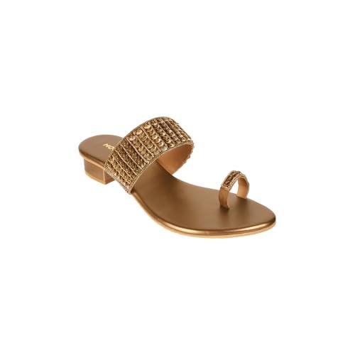 Mochi Women Antique Gold Block Heel Fashion/Ethnic Slip-on Sandal UK/4 EU/37 (35-1635) - Image 3