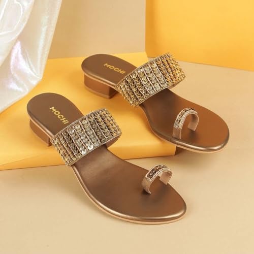 Mochi Women Antique Gold Block Heel Fashion/Ethnic Slip-on Sandal UK/4 EU/37 (35-1635) - Image 2