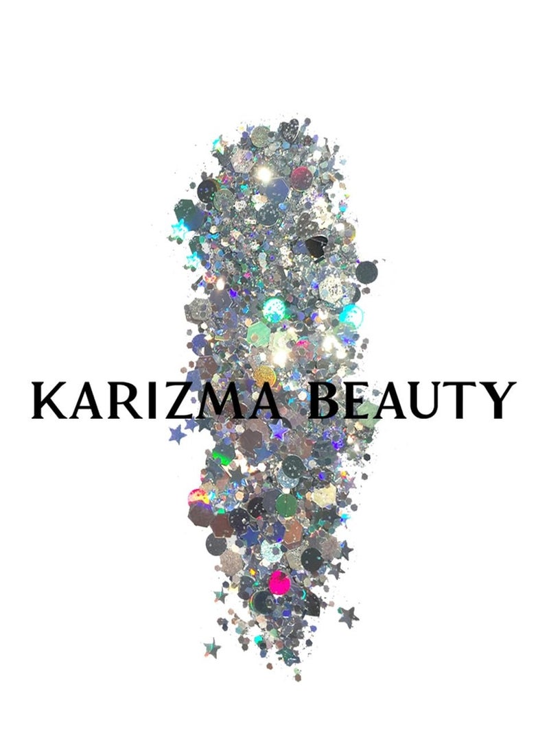 KARIZMA KARIZMA Holographic Silver Body Glitter. 10g Glitter for Chunky Face , Hair, Eye and Body for Women. Rave Glitter, Festival Accessories, Cosmetic Makeup. Loose Glitter Set  - Image 2