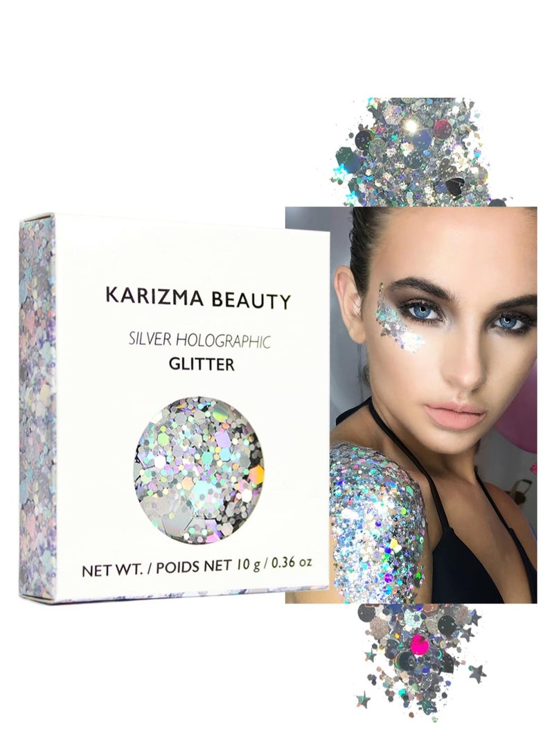 KARIZMA KARIZMA Holographic Silver Body Glitter. 10g Glitter for Chunky Face , Hair, Eye and Body for Women. Rave Glitter, Festival Accessories, Cosmetic Makeup. Loose Glitter Set  - Image 1