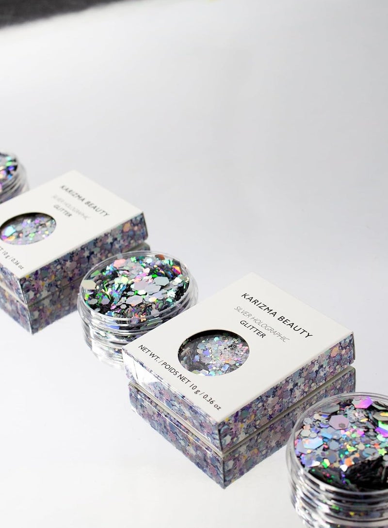 KARIZMA KARIZMA Holographic Silver Body Glitter. 10g Glitter for Chunky Face , Hair, Eye and Body for Women. Rave Glitter, Festival Accessories, Cosmetic Makeup. Loose Glitter Set  - Image 3