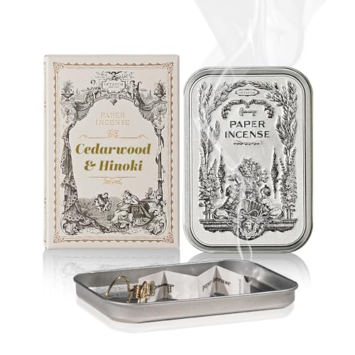 OPTATUM Paper Incense - 48pcs with Vintage Tin Case, Burning Papers Infused with Natural Essential Oils, Quick Usage & Long-Lasting Fragrance, Eliminating Bathroom, Kitchen, Pet Odors - Cedarwood & Hinoki - Image 1