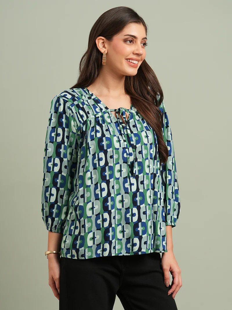 globus Women Green V-neck Bishop Sleeves Abstract Print Tie Up detailing Top