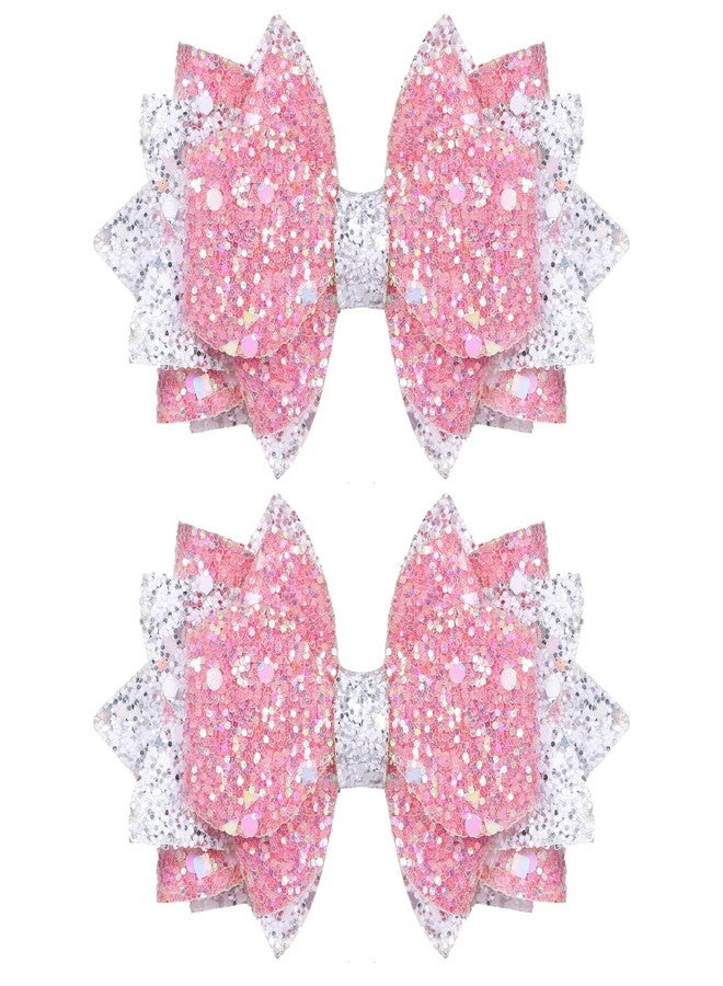 melyde Glitter Bow Hair Clips 4 Layers Sparkly Sequin Hair Bows 3.6 Inch Kids Girls Holiday Cheer Hair Accessories for Halloween Christmas Birthday, Pink & Silver - Image 1