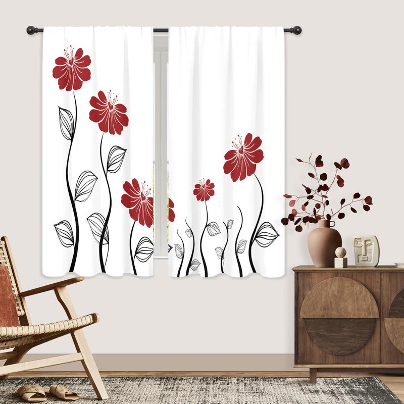 Riyidecor Red Flower Curtains for Christmas 42x63 Inch Floral Petals Rod Pocket Leaves Lines Woman White Plant Printed Living Room Bedroom Window Drapes Treatment Fabric 2 Panels