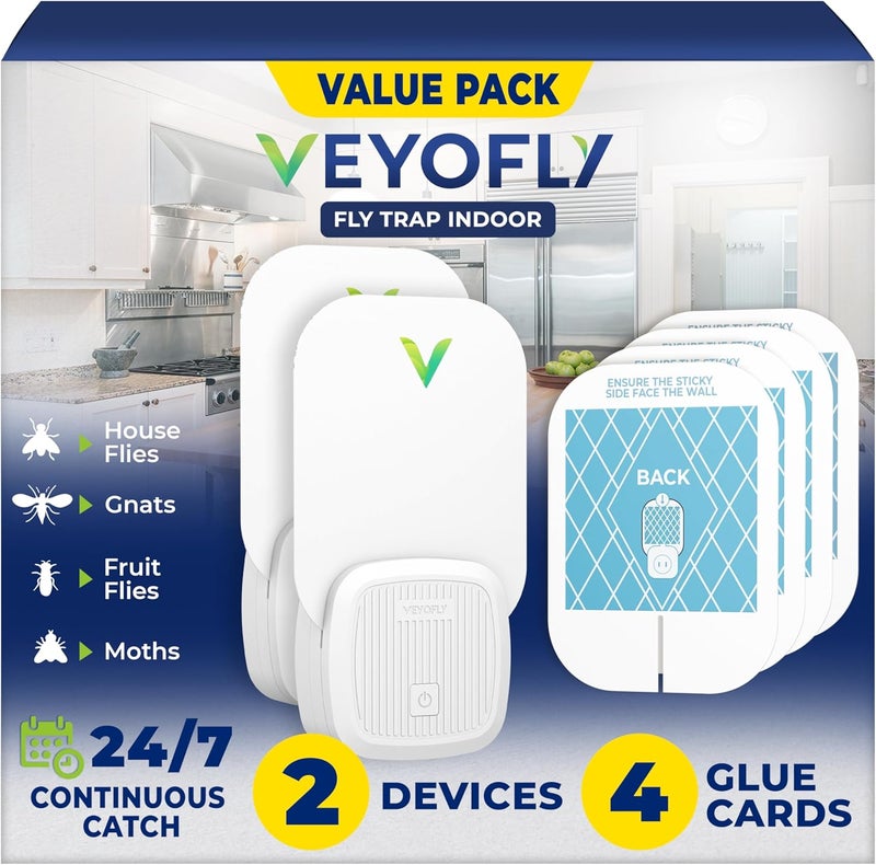 VEYOFLY Insect Catcher, Mosquito, Moth, Fruit Fly - No-Zapper for Indoor - Capture Indoor Insects with Suction, Bug Light, and Sticky Glue - Zevo (2-PK Device) - Image 1