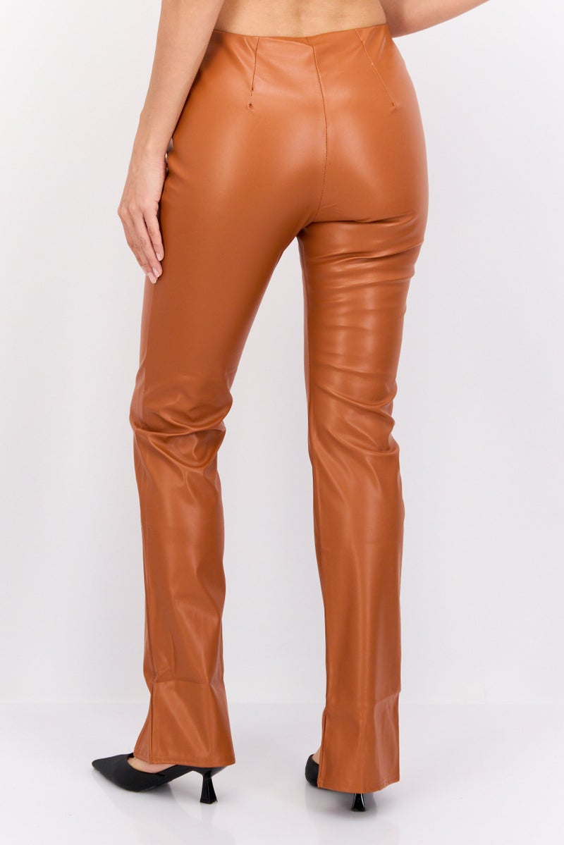 Fashionkilla Women Regular Fit Plain  Flare Leg Leather Pants, Orange - Image 3