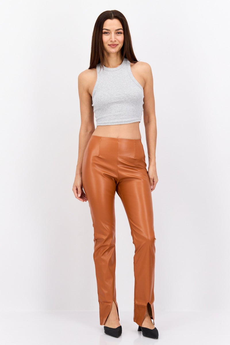 Fashionkilla Women Regular Fit Plain  Flare Leg Leather Pants, Orange - Image 2