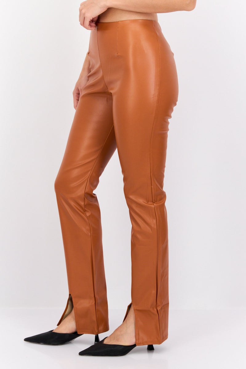 Fashionkilla Women Regular Fit Plain  Flare Leg Leather Pants, Orange - Image 4