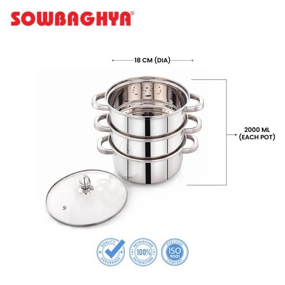 Sowbaghya Stainless Steel 3-Tier Induction Bottom Steamer/Modak & Momo Maker with Glass Lid | Heavy Gauge | Double-Riveted Stainless Steel Handles - Image 4