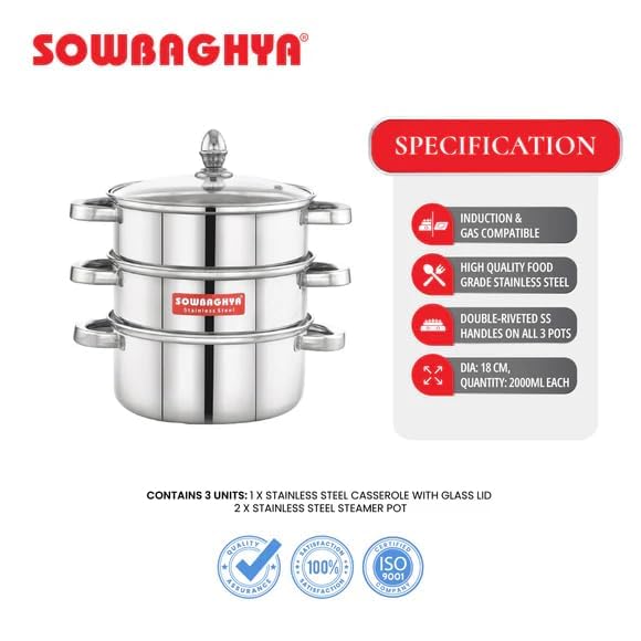 Sowbaghya Stainless Steel 3-Tier Induction Bottom Steamer/Modak & Momo Maker with Glass Lid | Heavy Gauge | Double-Riveted Stainless Steel Handles - Image 2