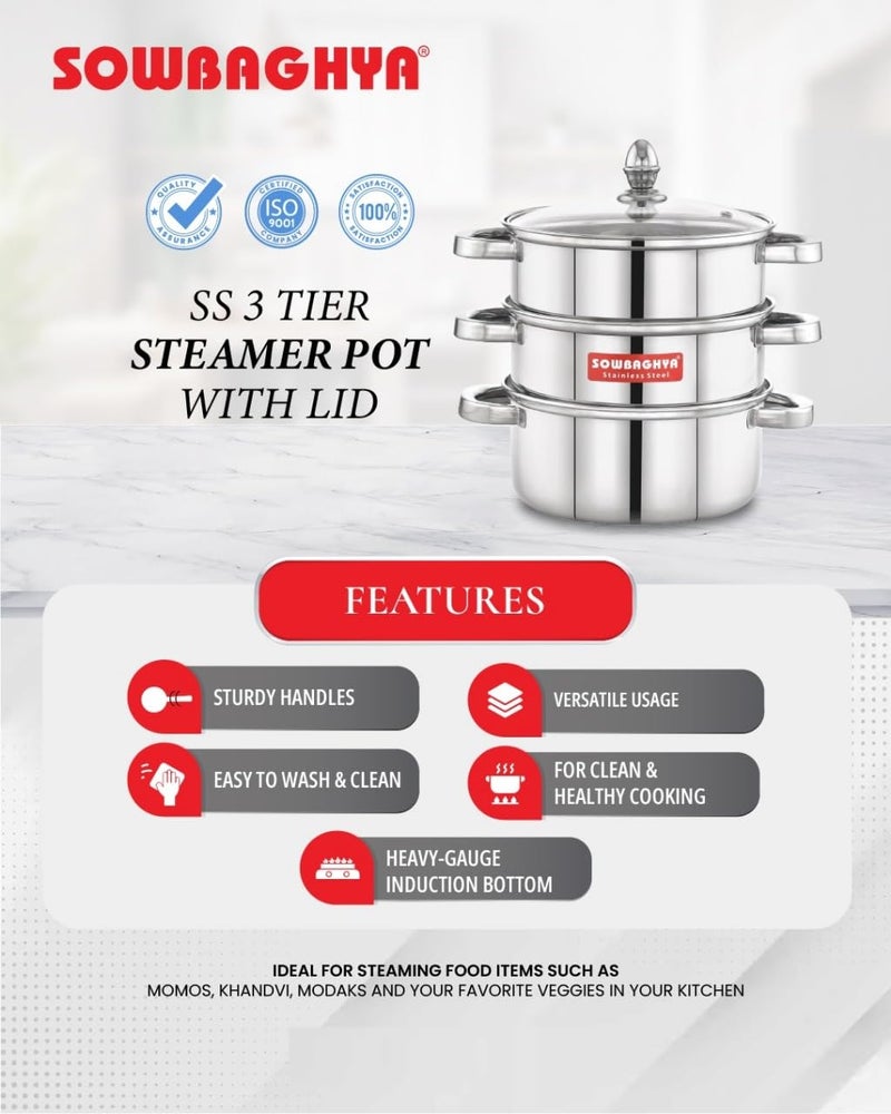 Sowbaghya Stainless Steel 3-Tier Induction Bottom Steamer/Modak & Momo Maker with Glass Lid | Heavy Gauge | Double-Riveted Stainless Steel Handles - Image 3