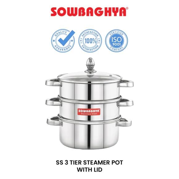 Sowbaghya Stainless Steel 3-Tier Induction Bottom Steamer/Modak & Momo Maker with Glass Lid | Heavy Gauge | Double-Riveted Stainless Steel Handles - Image 5