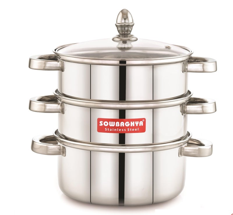 Sowbaghya Stainless Steel 3-Tier Induction Bottom Steamer/Modak & Momo Maker with Glass Lid | Heavy Gauge | Double-Riveted Stainless Steel Handles - Image 1