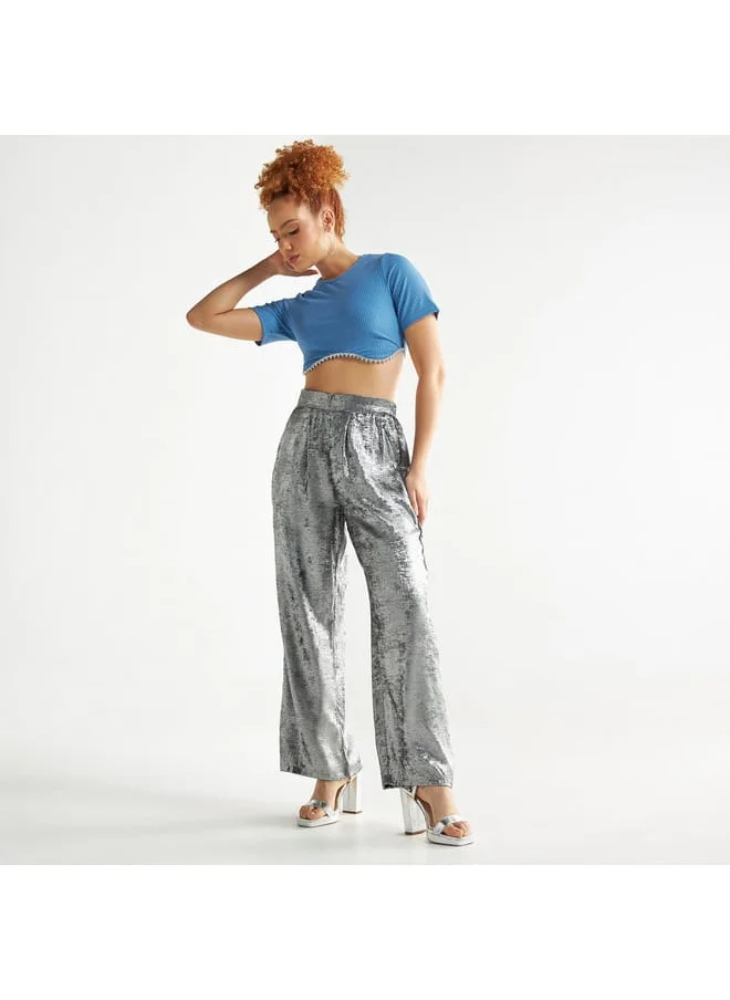 FAV Textured Wide Leg Pants with Semi-Elasticated Waistband and Pockets