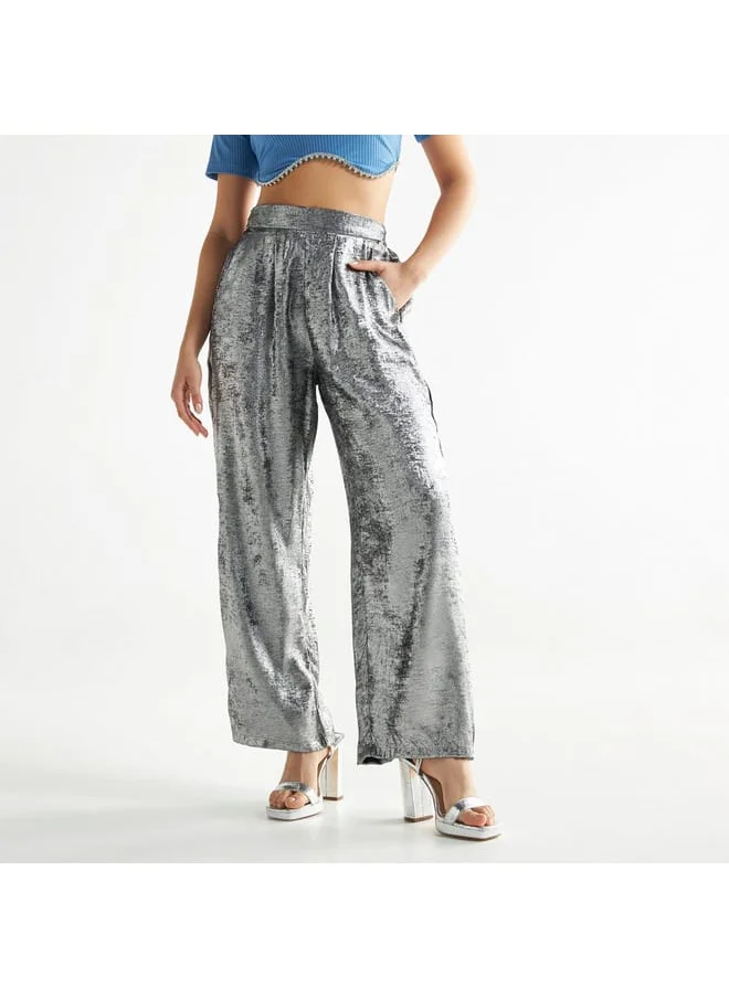 FAV Textured Wide Leg Pants with Semi-Elasticated Waistband and Pockets