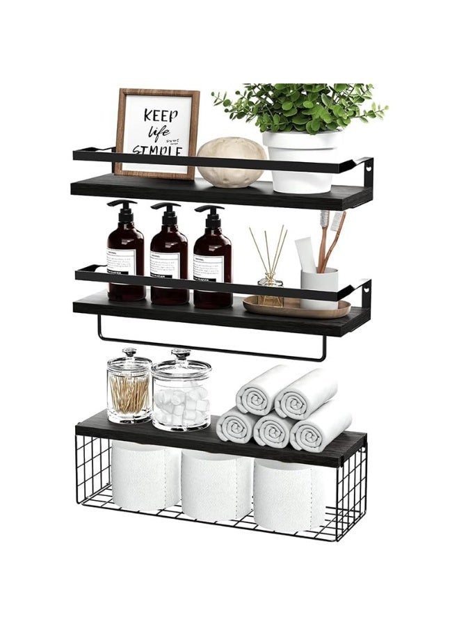 KYDTSYK Wall Mounted Floating Shelves with Towel Bar and Storage Basket – 3-Tier Bathroom Organizer for Toiletries, Towels, Plants, and Decor – Space-Saving Wood Shelves with Black Metal Frame Black - Image 1