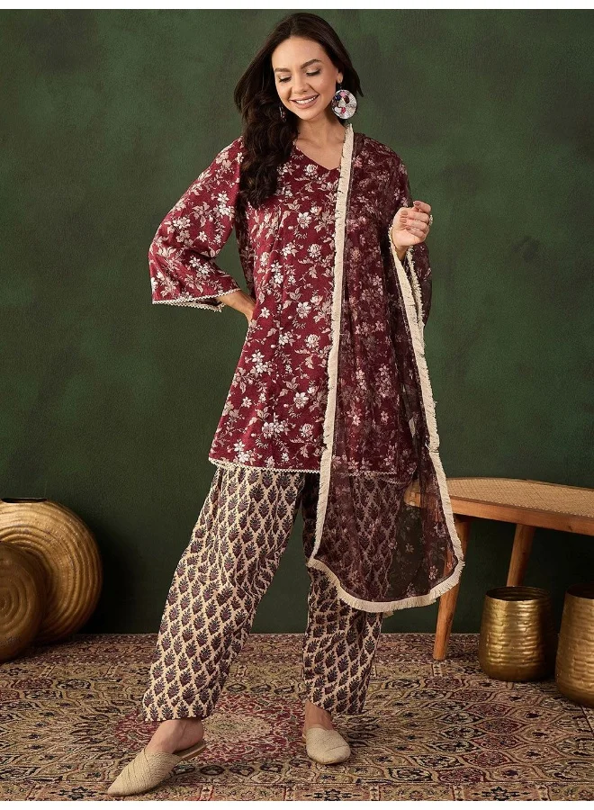 AKS Maroon And Beige Velvet Kurta With Muslin Salwar And Digital PrintedNetDupatta
