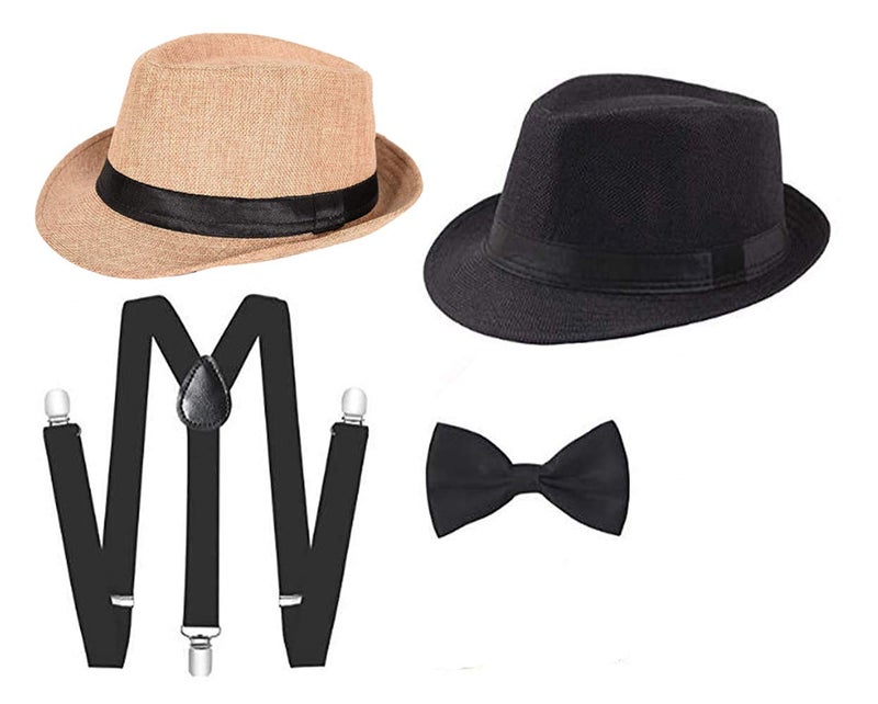 CLOTHERA Kids Black Suspender and Bow Tie Set with 1 Black and 1 Grey Hat for 3yrs to 18yrs (7yrs to 12yrs) - Image 1