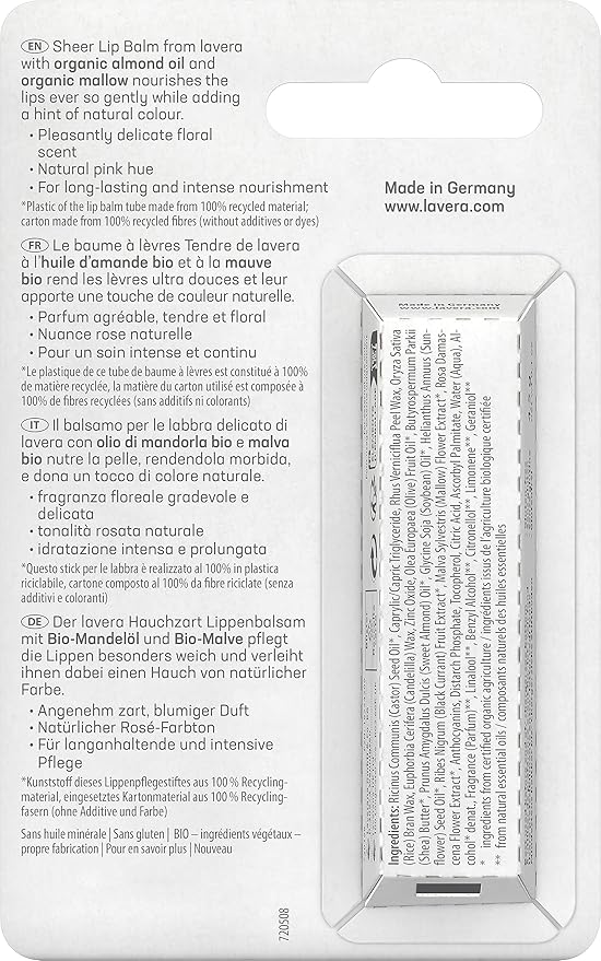 بلسم شفاه لافيرا الشفاف للعناية الطويلة الأمد والمكثفة يقوي حاجز البشرة بزيت اللوز العضوي ومالو العضوي نباتي