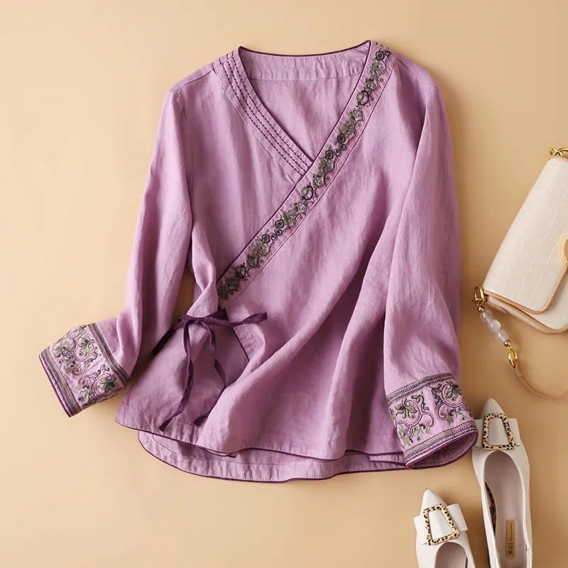 Summer 2024 New Embroidered Cotton and Hemp Shirt Thin Chinese Style Top Elegant Nine-point Sleeve Lace-up Loose Womens Shirt Pink  - Image 4