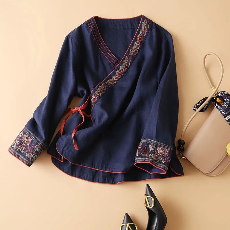 Summer 2024 New Embroidered Cotton and Hemp Shirt Thin Chinese Style Top Elegant Nine-point Sleeve Lace-up Loose Womens Shirt Pink  - Image 2