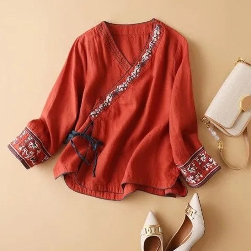 Summer 2024 New Embroidered Cotton and Hemp Shirt Thin Chinese Style Top Elegant Nine-point Sleeve Lace-up Loose Womens Shirt Pink  - Image 5