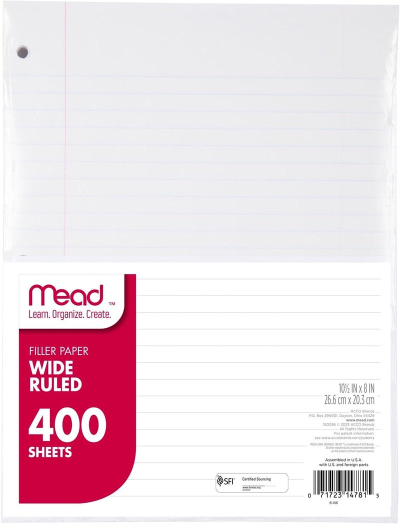 Mead Loose Leaf Paper, Wide Ruled Filler Notebook Paper, 8" x 10-1/2", 400 Sheets, Fits 3-Ring Binder (150036-ECM) - Image 1