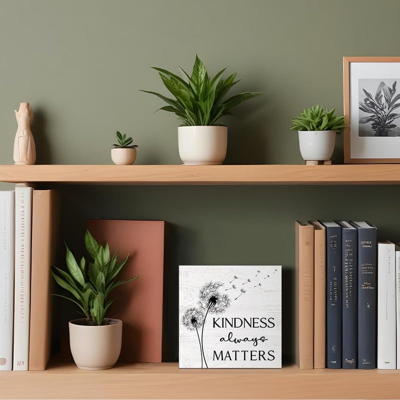 PUVOXHO Kindness Always Matters Wooden Sign Desk Decor, Funny Dandelion Wood Box Sign DÃ©cor for Home Office Farmhouse Bedroom, Yoga Spa Room Decor, Inspirational Gifts for Women Friend Coworker - Image 3