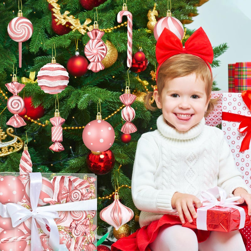 Fayoo Christmas Ornaments Candy Lollipop Set -48Pcs for Xmas Tree Decoration Hanging Plastic Gloss Candy Canes Ball Pendants for New Year Home Decor Party Supplies (Rose Gold) - Image 5
