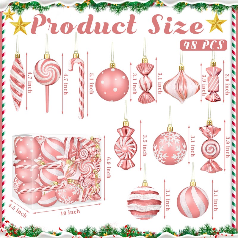 Fayoo Christmas Ornaments Candy Lollipop Set -48Pcs for Xmas Tree Decoration Hanging Plastic Gloss Candy Canes Ball Pendants for New Year Home Decor Party Supplies (Rose Gold) - Image 2