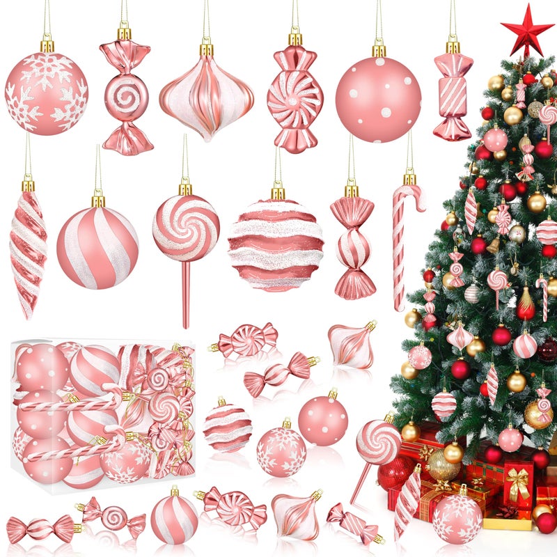 Fayoo Christmas Ornaments Candy Lollipop Set -48Pcs for Xmas Tree Decoration Hanging Plastic Gloss Candy Canes Ball Pendants for New Year Home Decor Party Supplies (Rose Gold) - Image 1