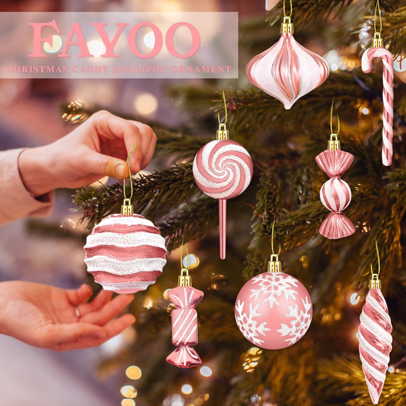 Fayoo Christmas Ornaments Candy Lollipop Set -48Pcs for Xmas Tree Decoration Hanging Plastic Gloss Candy Canes Ball Pendants for New Year Home Decor Party Supplies (Rose Gold) - Image 4