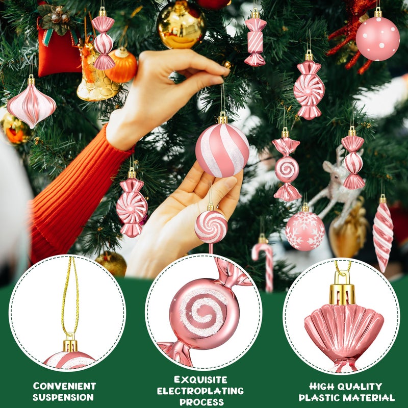 Fayoo Christmas Ornaments Candy Lollipop Set -48Pcs for Xmas Tree Decoration Hanging Plastic Gloss Candy Canes Ball Pendants for New Year Home Decor Party Supplies (Rose Gold) - Image 3
