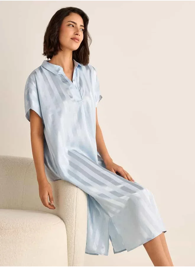 فاف Striped Jacquard Night Dress with Collar and Short Sleeves