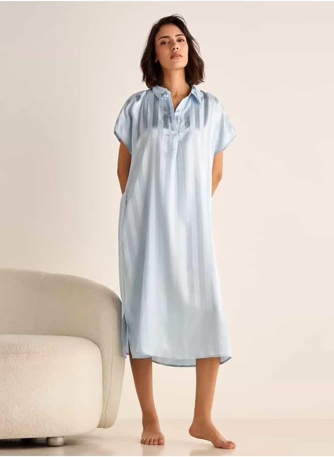 فاف Striped Jacquard Night Dress with Collar and Short Sleeves