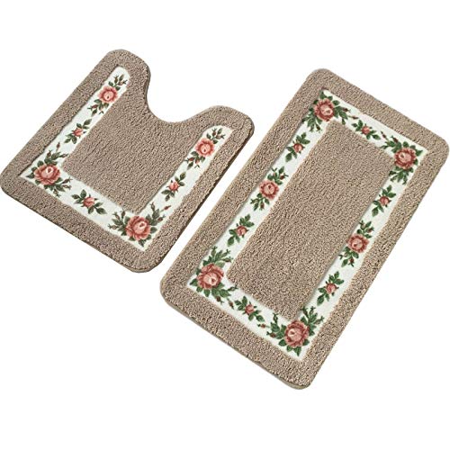 UKELER Bathroom Rugs Floral Rose Bath Mat Set of 2 Non Slip Bath Rugs Soft Shaggy UShaped Contour Toilet Rug for Bathroom Mocha