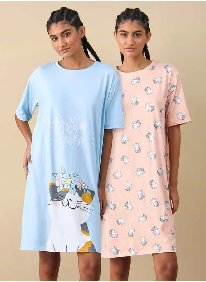 FAV Set of 2 - Cat Print Sleepshirt with Short Sleeves