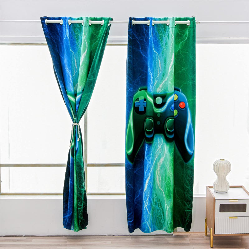 Meeting Story Meeting Story Gaming Curtains for Boys Bedroom  Tie Dye Lightnings Gamepad Blackout Drapes 2 Panels(Bluegreen 52 * 84)  - Image 1