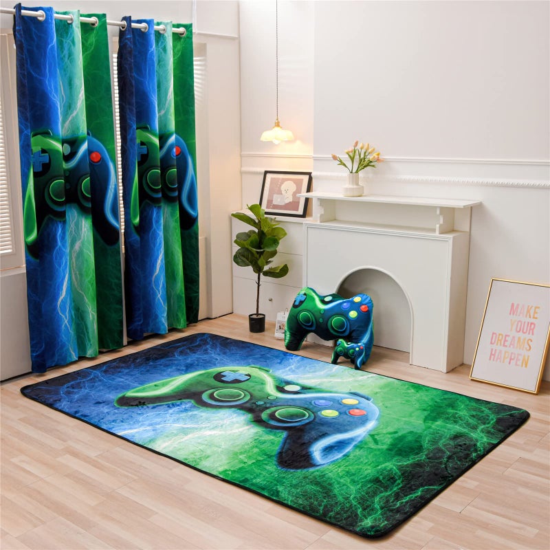 Meeting Story Meeting Story Gaming Curtains for Boys Bedroom  Tie Dye Lightnings Gamepad Blackout Drapes 2 Panels(Bluegreen 52 * 84)  - Image 2