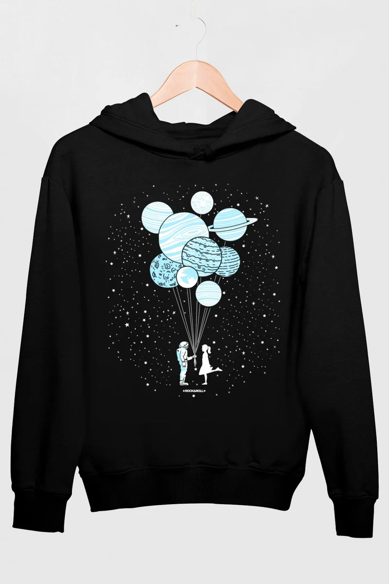 Rock&Roll Balloon Planets Black Hooded Thick Men's Sweatshirt