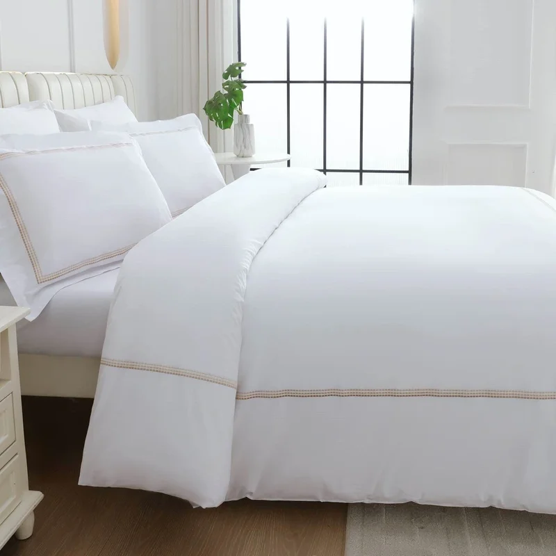 DWELL Dwell-100% Cotton Percale Embroidered 4 Piece Duvet Cover Set - Alexis-Duvet Cover - 260 x 240 CM, Fitted Sheet - 200 x 200 x 38 CM Pillow cases 50 x 80CM-White/Gold
