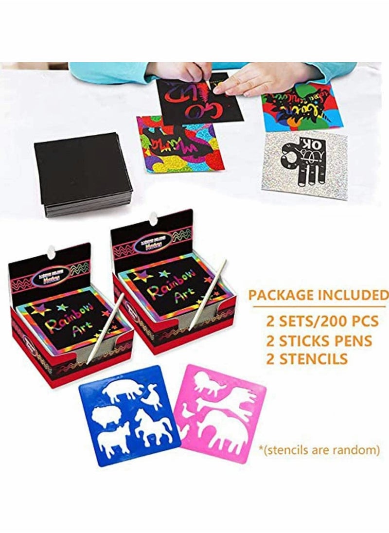 Rainbow Scratch Paper 200 Sheets Rainbow Scratch Paper Arts and Crafts for Kids Black Magic Scratch Art Notes Paper Boards Scratch with Wooden Stylus Scratchers Stencils Notepad