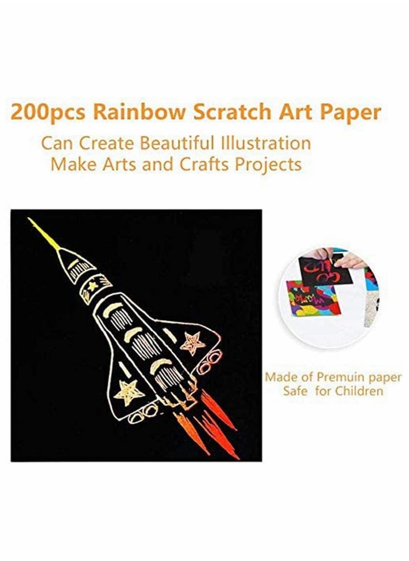 Rainbow Scratch Paper 200 Sheets Rainbow Scratch Paper Arts and Crafts for Kids Black Magic Scratch Art Notes Paper Boards Scratch with Wooden Stylus Scratchers Stencils Notepad