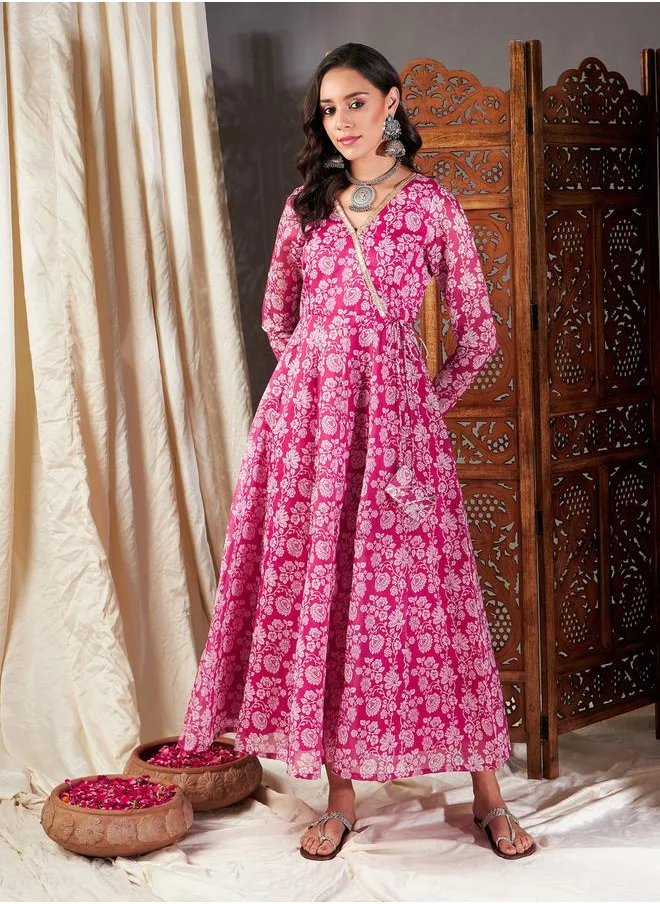 ساسافراس Floral Print Lace Trim A-Line Wrap Maxi Dress by Styli